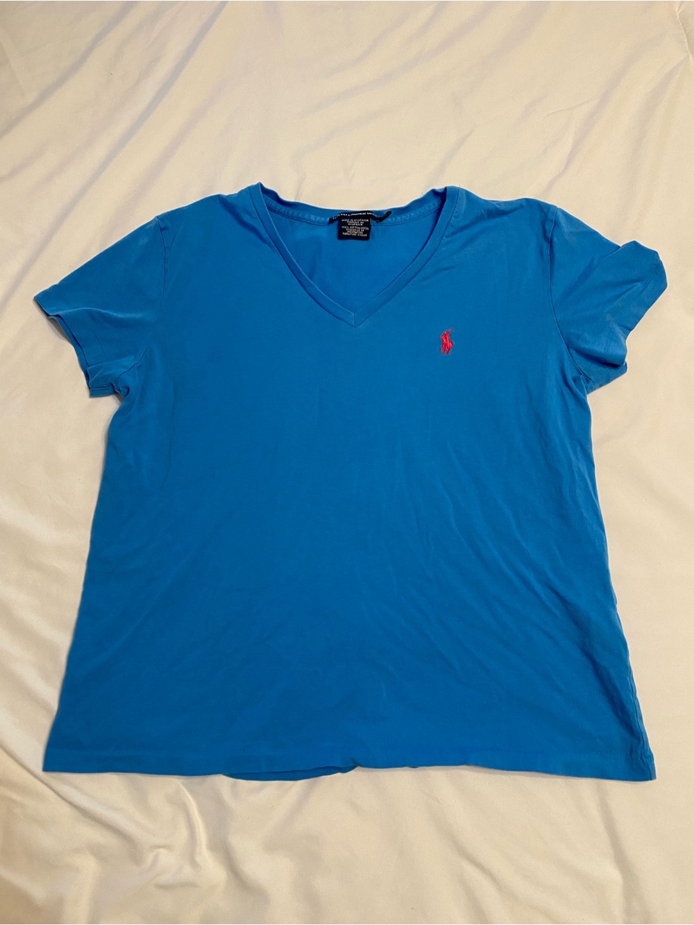 Polo by Ralph Lauren Bright Blue V-Neck Tee with Pink Pony Logo